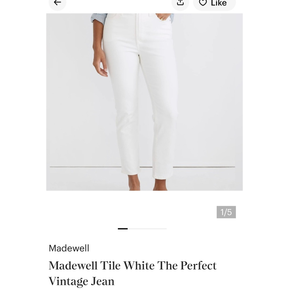 Madewell The Perfect Vintage Jean Casual Tile White Comfort Stretch Denim 30 EUC